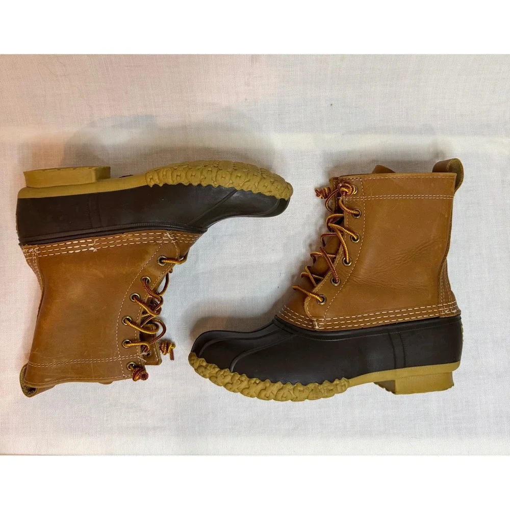LL Bean Boots 8 Inch Duck Boots Brown Tan Leather Waterproof Mens 10 Made in USA